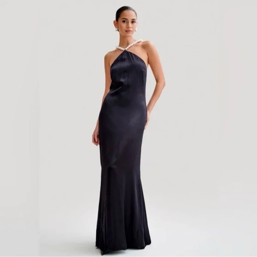 BLANCHE -Satin Pearl Halter Maxi Dress